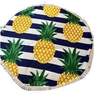 Round Pineapple Beach Towel 60” Navy White Stripe Fringe Pool Picnic Blanket